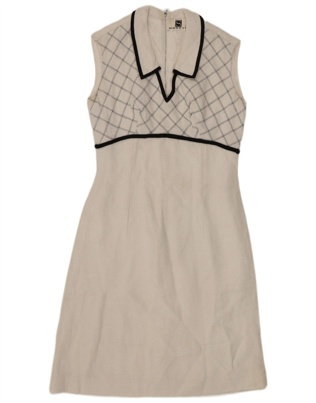 VINTAGE ženska haljina A-kroja bez rukava UK 8 Mali bijeli karirani