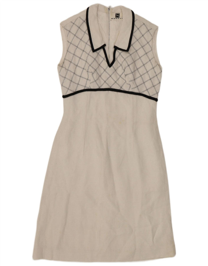 VINTAGE ženska haljina A-kroja bez rukava UK 8 Mali bijeli karirani