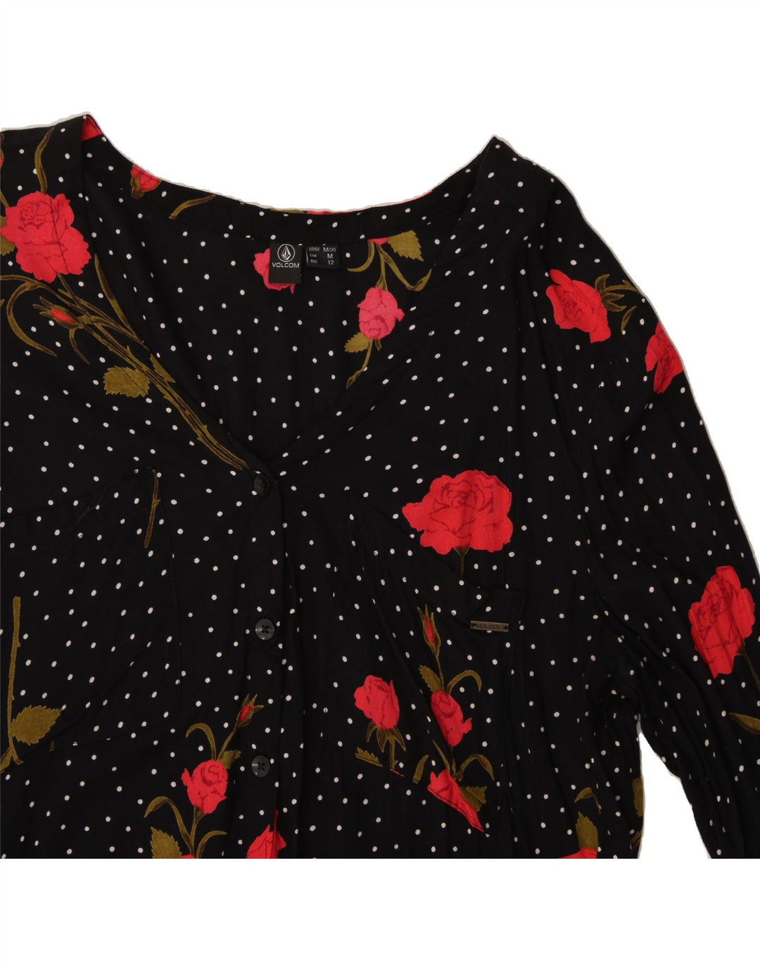 VOLCOM Womens Shirt Blouse US 8 Medium Black Floral Viscose Vintage Volcom and Second-Hand Volcom from Messina Hembry 