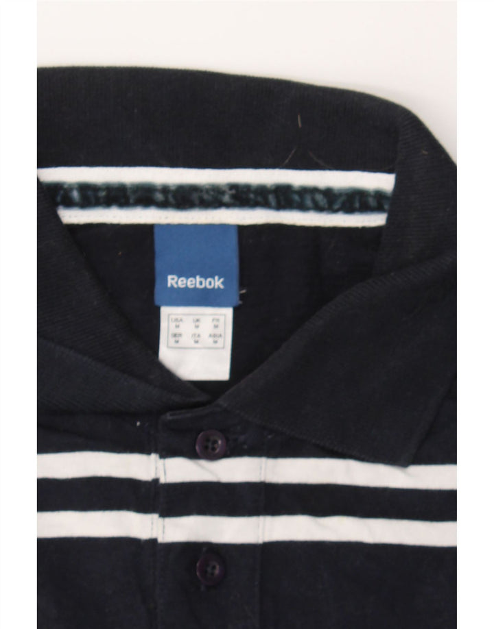 REEBOK Mens Polo Shirt Medium Navy Blue Striped Cotton Vintage Reebok and Second-Hand Reebok from Messina Hembry 