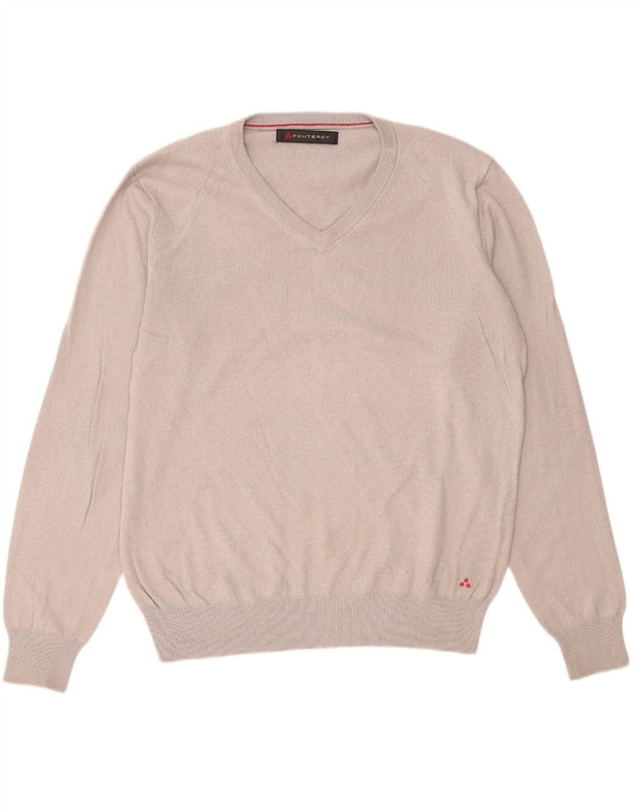PEUTEREY Mens V-Neck Jumper Sweater Small Grey Cotton