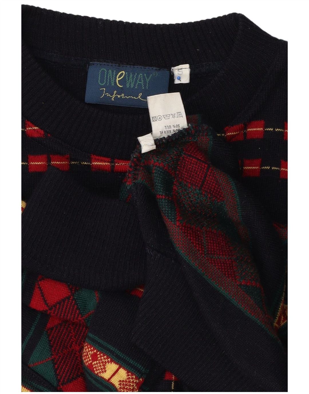 ONE WAY Mens Crew Neck Jumper Sweater Small Multicoloured Geometric