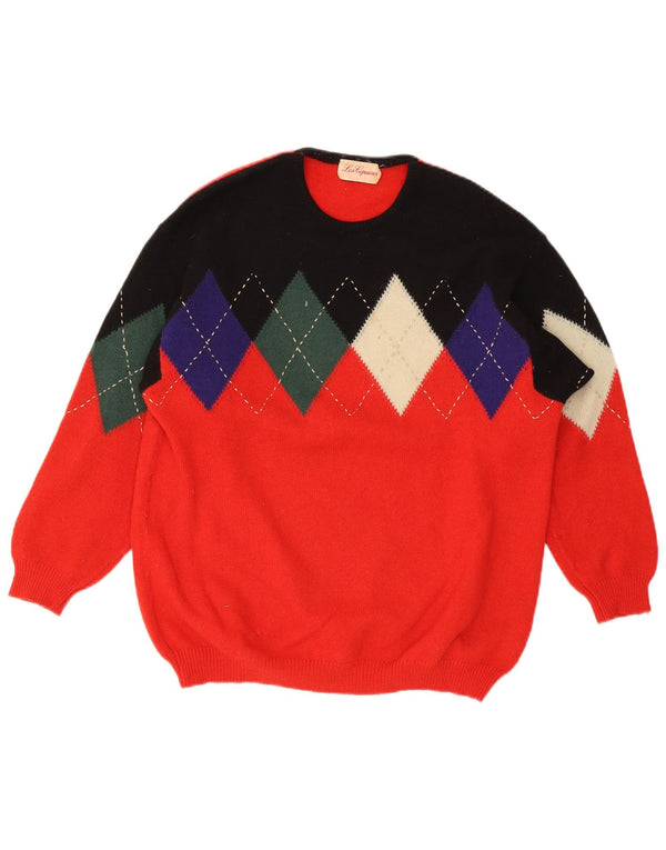 Vintage ženski džemper s okruglim izrezom UK 14 Veliki crveni Argyle/Diamond Wool