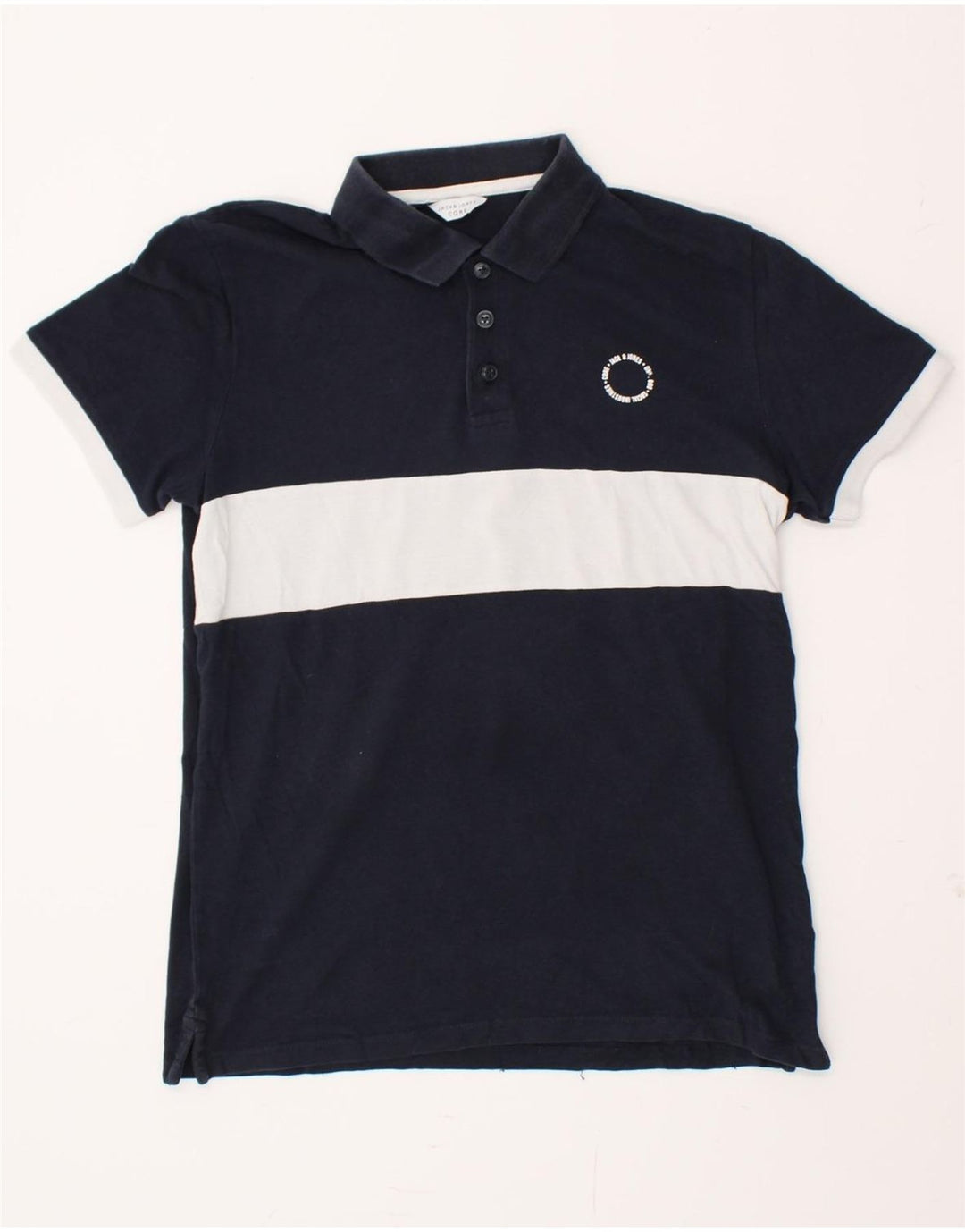 JACK & JONES Mens Polo Shirt Medium Navy Blue Colourblock Cotton Vintage Jack & Jones and Second-Hand Jack & Jones from Messina Hembry 