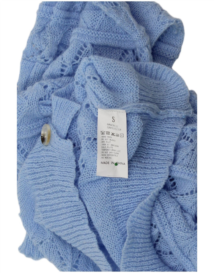 VINTAGE ženski kratki kardigan pulover širokog kroja UK 10 Mali plavi akril