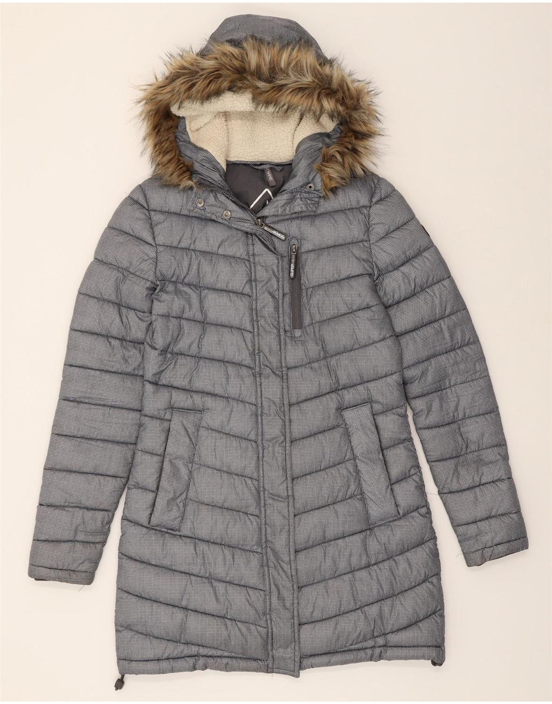 SUPERDRY Womens Hooded Padded Coat UK 10 Small Grey Houndstooth Polyester Vintage Superdry and Second-Hand Superdry from Messina Hembry 