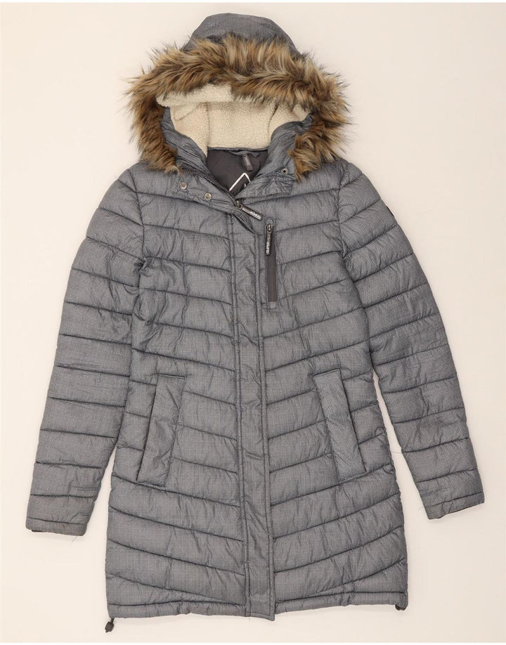 SUPERDRY Womens Hooded Padded Coat UK 10 Small Grey Houndstooth Polyester Vintage Superdry and Second-Hand Superdry from Messina Hembry 