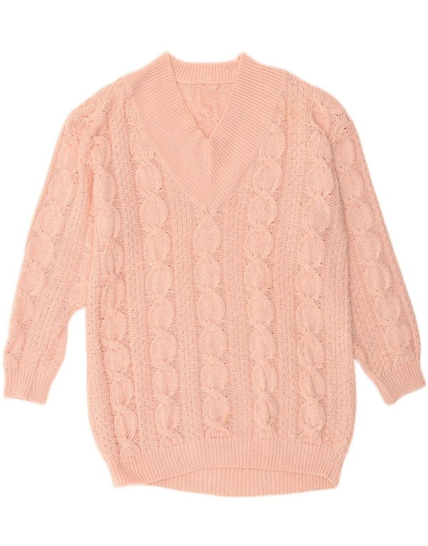 VINTAGE Womens V-Neck Jumper Sweater UK 16 Large Pink Acrylic