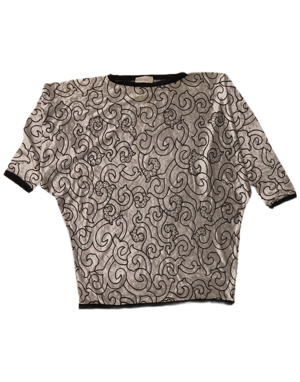 VINTAGE ženska majica od baršunaste tunike u obliku šišmiša UK 22 3XL srebrna geometrijska viskoza
