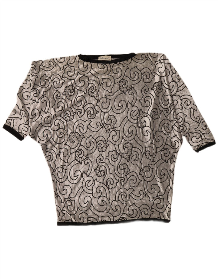 VINTAGE ženska majica od baršunaste tunike u obliku šišmiša UK 22 3XL srebrna geometrijska viskoza