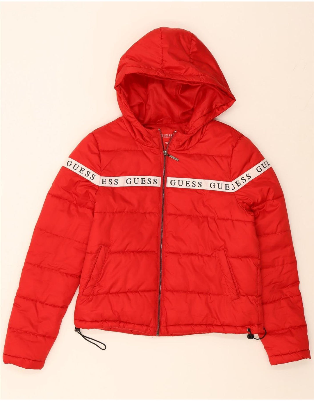 GUESS Womens Graphic Hooded Padded Jacket UK 10 Small Red Polyester Vintage Guess and Second-Hand Guess from Messina Hembry 