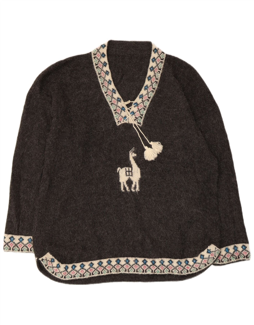 VINTAGE ženski veliki džemper s V-izrezom UK 18 XL Sivi Fair Isle