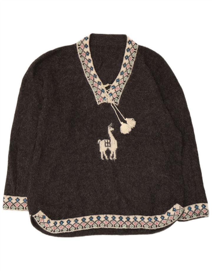 VINTAGE ženski veliki džemper s V-izrezom UK 18 XL Sivi Fair Isle