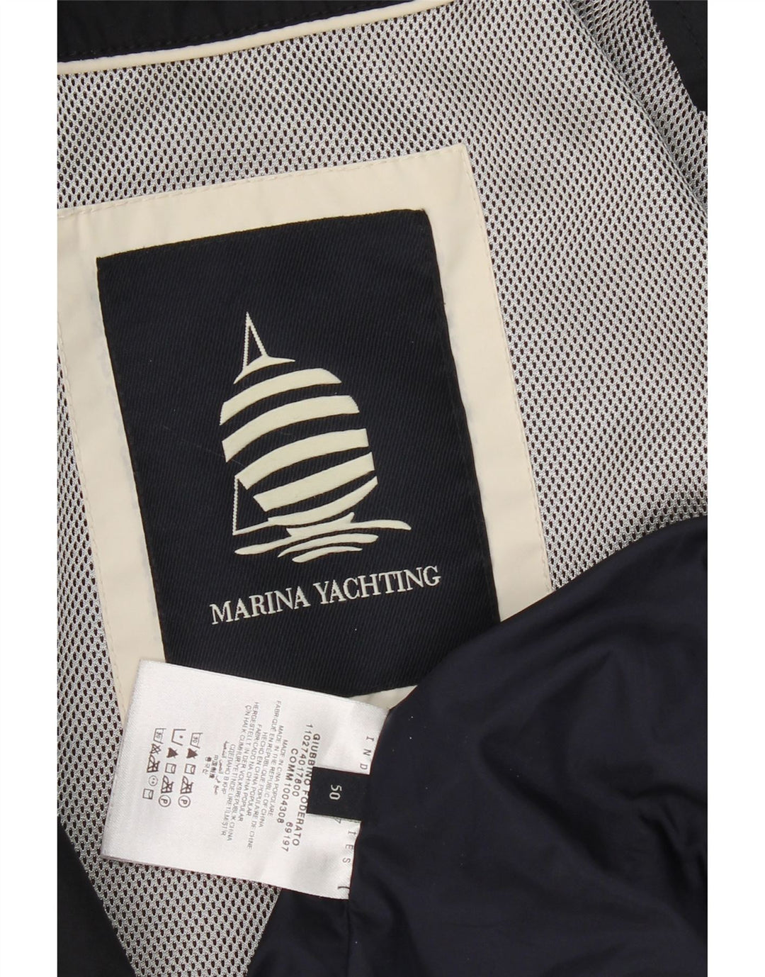 MARINA YACHTING Mens Bomber Jacket IT 50 Large Navy Blue Polyester Vintage Marina Yachting and Second-Hand Marina Yachting from Messina Hembry 
