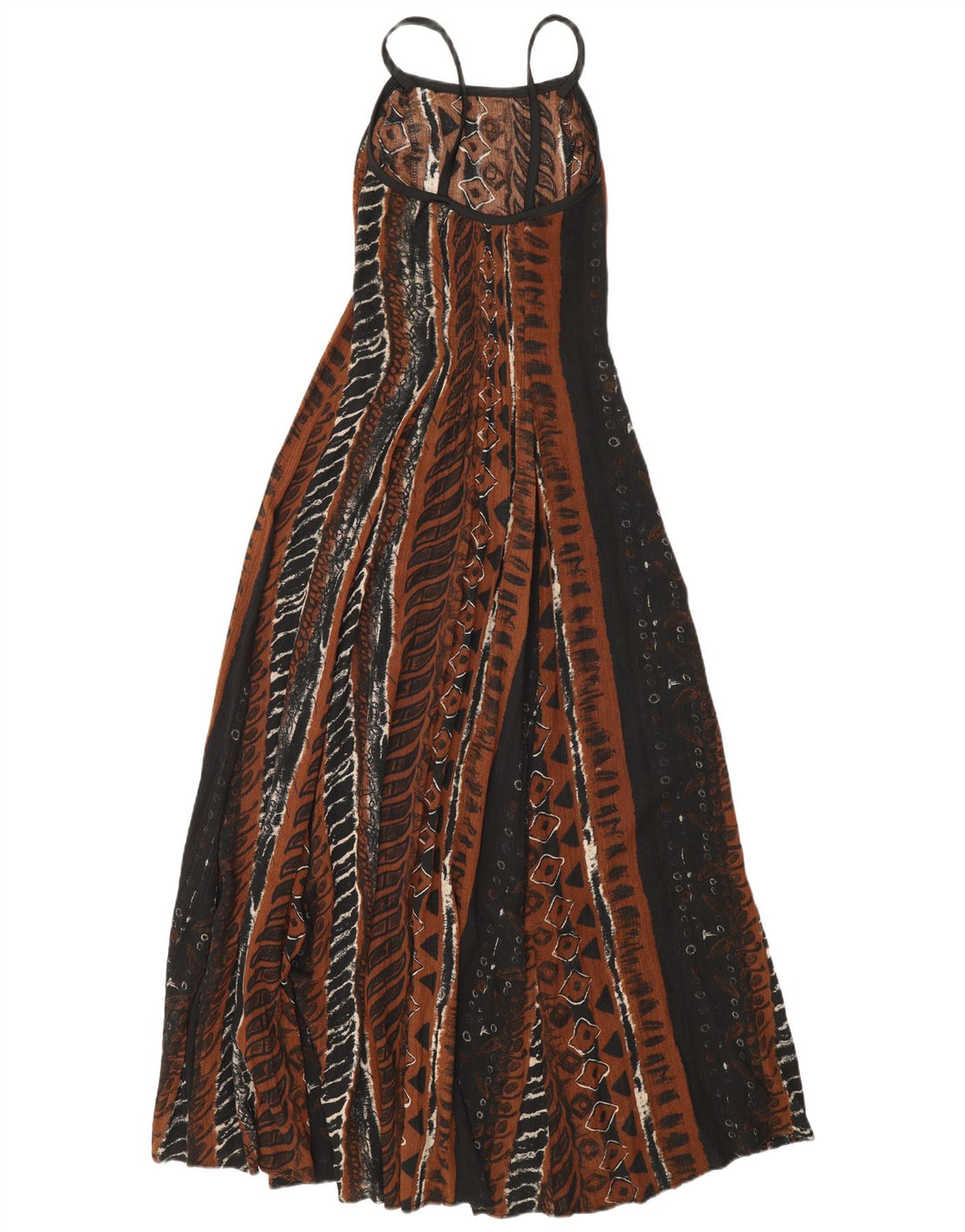 Vintage ženska maksi haljina bez rukava UK 12 srednje smeđa geometrijska viskoza