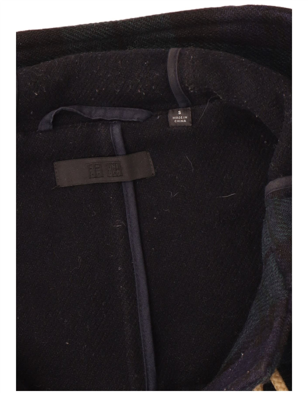 Uniqlo muški duffle kaput s kapuljačom UK 36 Mali tamnoplavi karirani