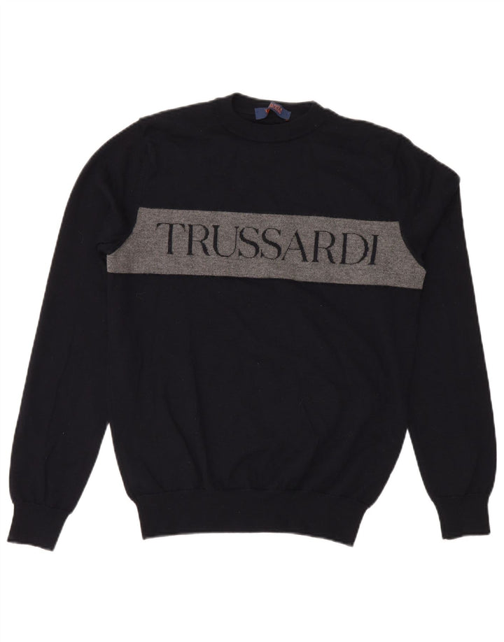 TRUSSARDI JEANS Mens Graphic Crew Neck Jumper Sweater Medium Navy Blue