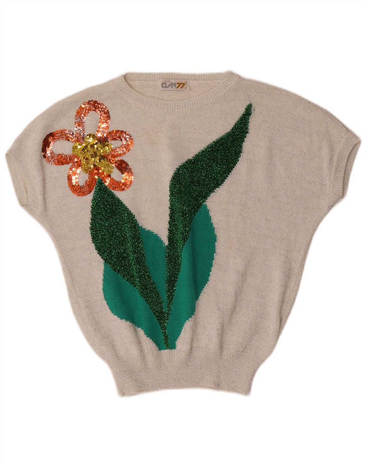 VINTAGE ženski džemper s morskim izrezom UK 16 Veliki prljavo bijeli cvjetni