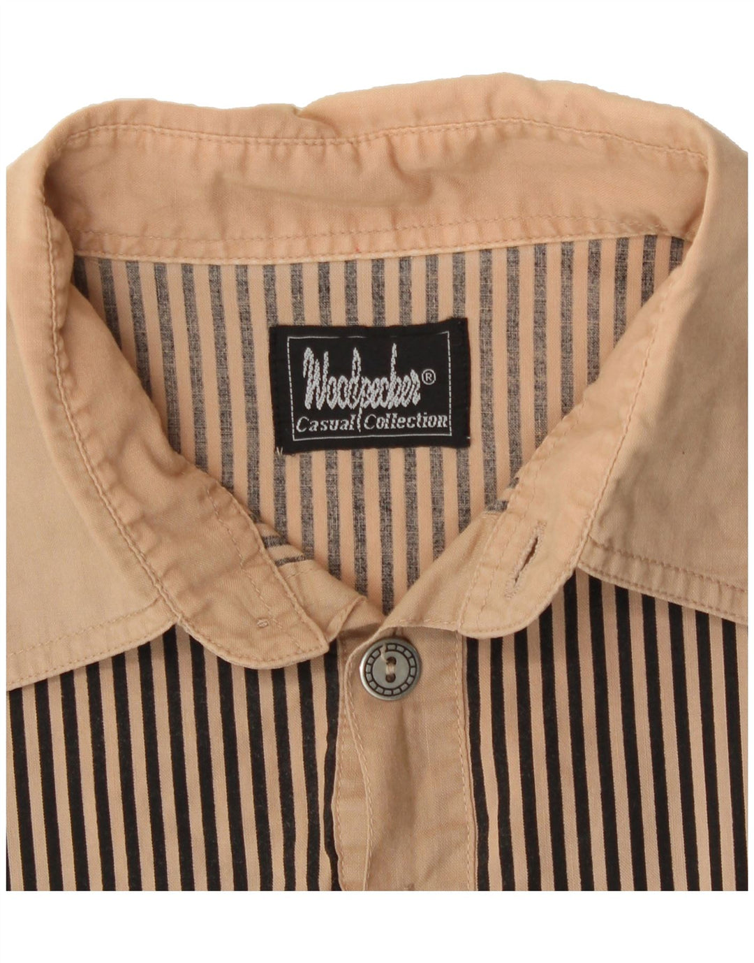 WOODPECKER Mens Short Sleeve Pullover Shirt Large Beige Striped Vintage Woodpecker and Second-Hand Woodpecker from Messina Hembry 