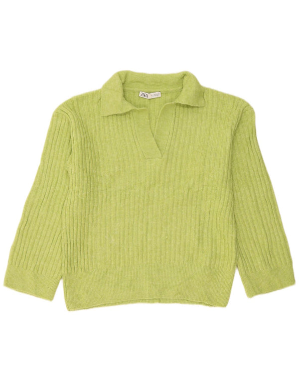 Zara ženski pulover s velikim polo izrezom UK 10 Mali zeleni akril