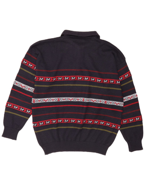 Vintage muški džemper s polo izrezom XL vuneni tamnoplavi prugasti