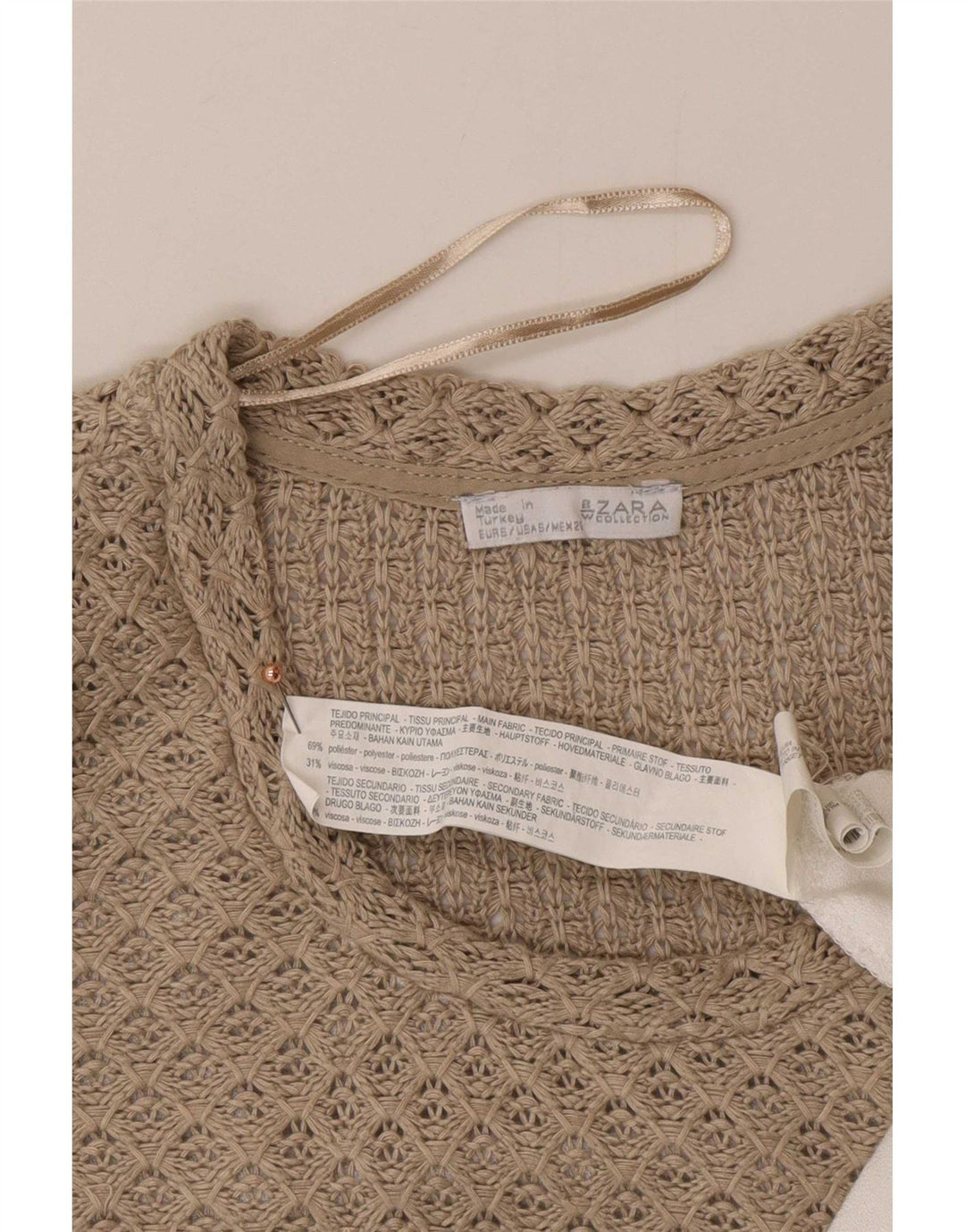 Zara ženski gornji dio heklane bluze UK 12 Medium Beige Colourblock Poliester