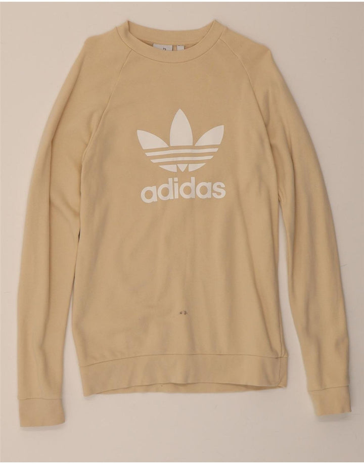 ADIDAS Mens Graphic Sweatshirt Jumper XS Beige Vintage Adidas and Second-Hand Adidas from Messina Hembry 