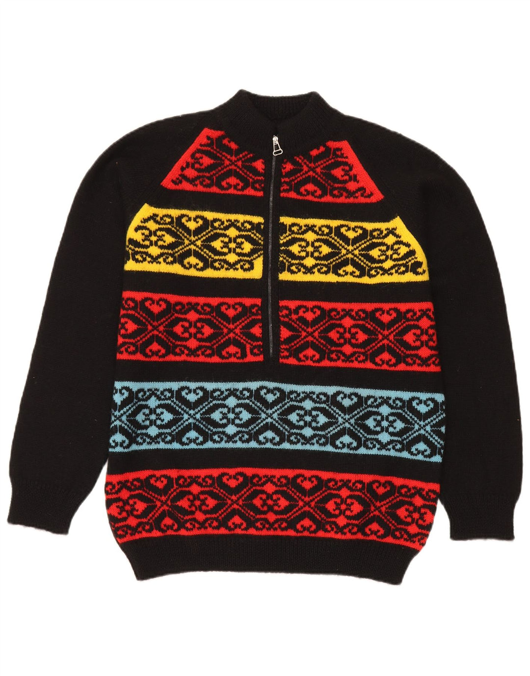 Vintage muški džemper s izrezom s patentnim zatvaračem Srednje crni Fair Isle