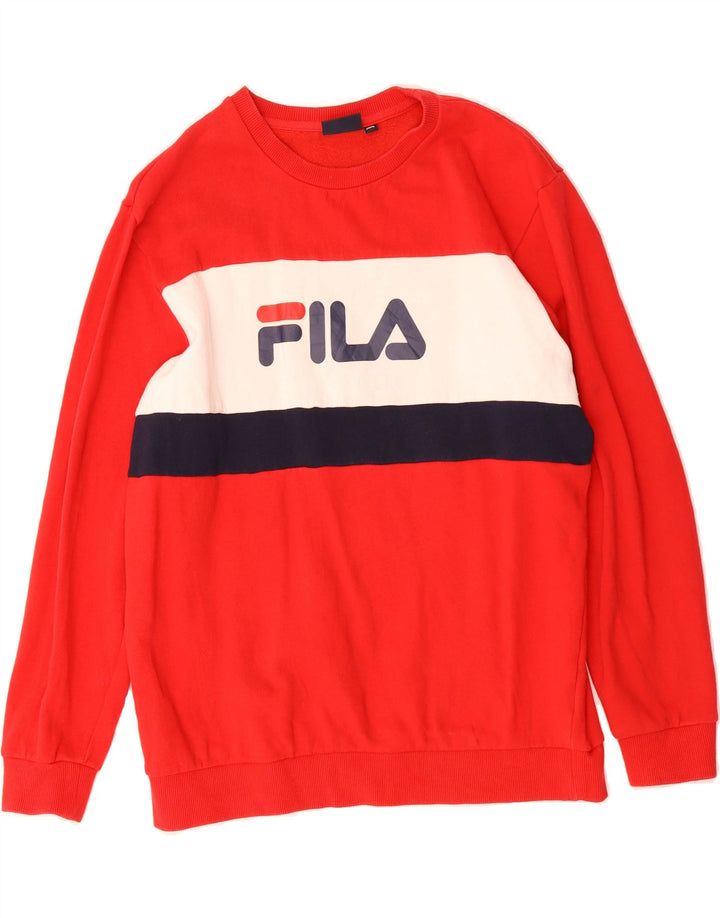 FILA Mens Graphic Sweatshirt Jumper Small Red Colourblock Polyester Vintage Fila and Second-Hand Fila from Messina Hembry 