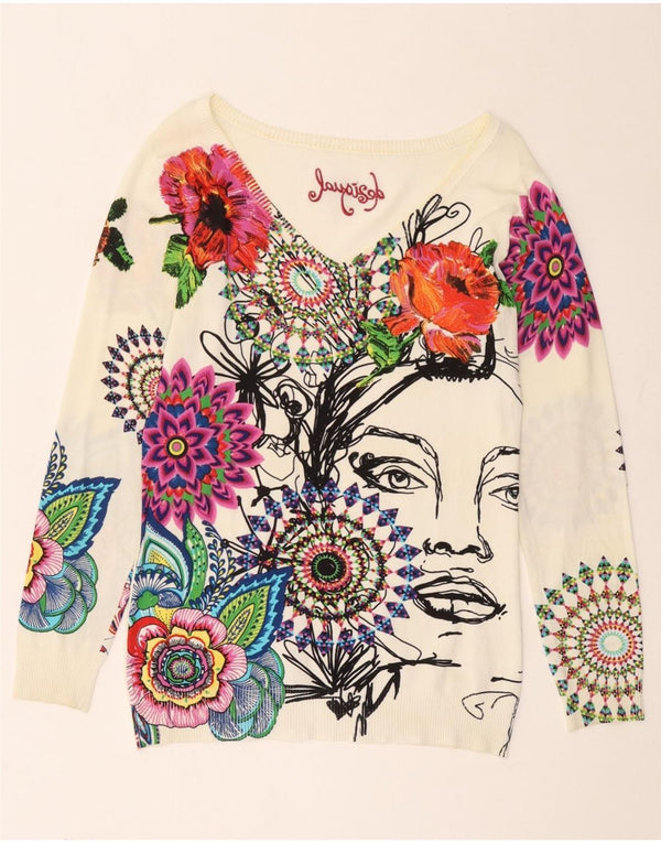 Desigual ženski džemper s V-izrezom UK 14 Veliki bijeli cvjetni