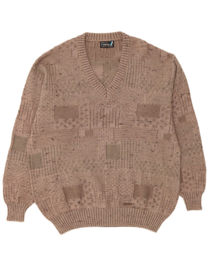 RASICA Mens V-Neck Jumper Sweater IT 48 Medium Brown Geometric Wool