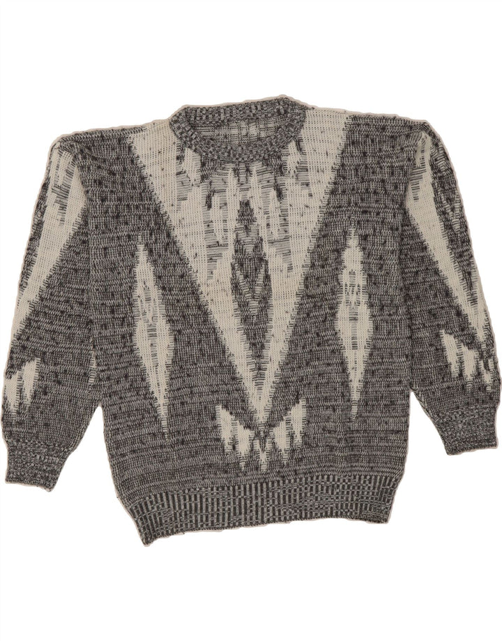 VINTAGE Mens Abstract Pattern Crew Neck Jumper Sweater Small Grey Vintage Vintage and Second-Hand Vintage from Messina Hembry 