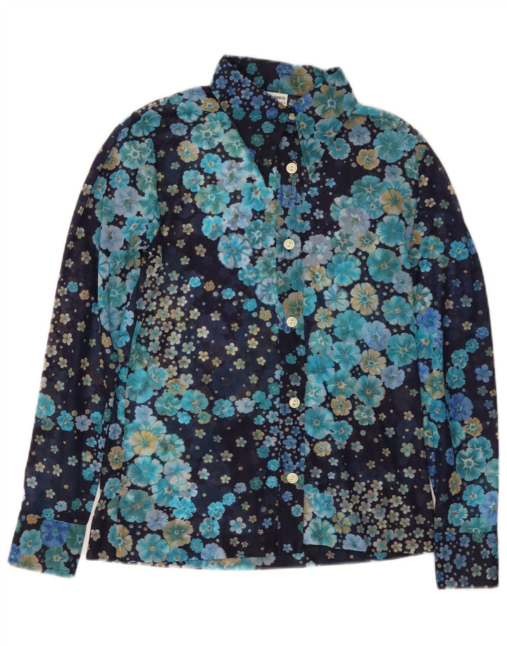 VINTAGE Ženska košulja bluza UK 10 Mala tamnoplava cvjetna poliamida