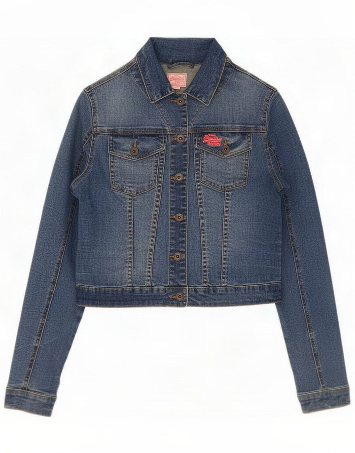 Superdry Womens Crop Denim Jacket UK 12 Medium Blue Cotton