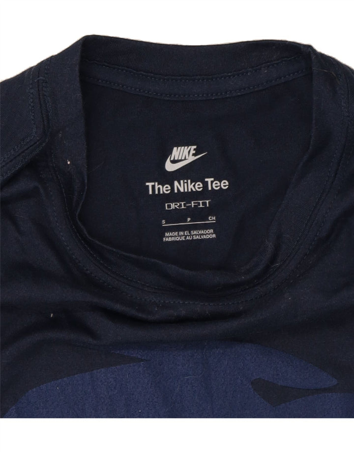 NIKE Mens Dri Fit Graphic Top Long Sleeve Small Navy Blue Polyester Vintage Nike and Second-Hand Nike from Messina Hembry 
