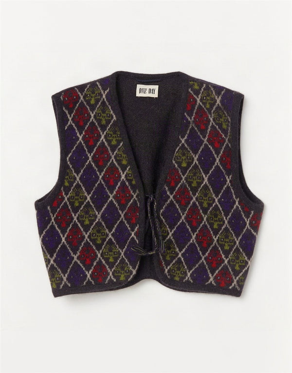 Vintage muški kratki pleteni prsluk UK 14 Veliki višebojni Argyle/Diamond