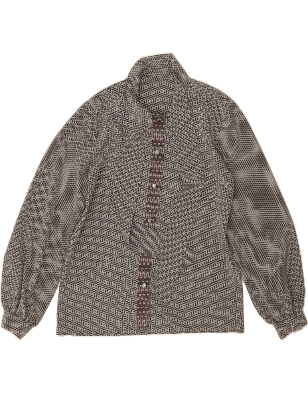 VINTAGE Womens Abstract Pattern Front Tie Shirt Blouse UK 12 Medium Grey Vintage Vintage and Second-Hand Vintage from Messina Hembry 