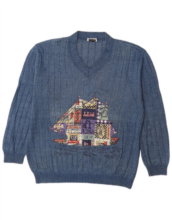 Vintage muški džemper s V-izrezom XL plavi pamučni stripovi