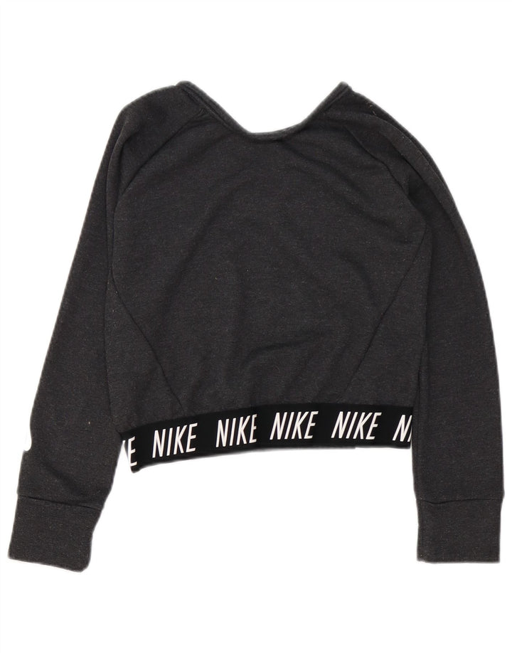NIKE Girls Crop Graphic Sweatshirt Jumper 10-11 Years Medium Grey