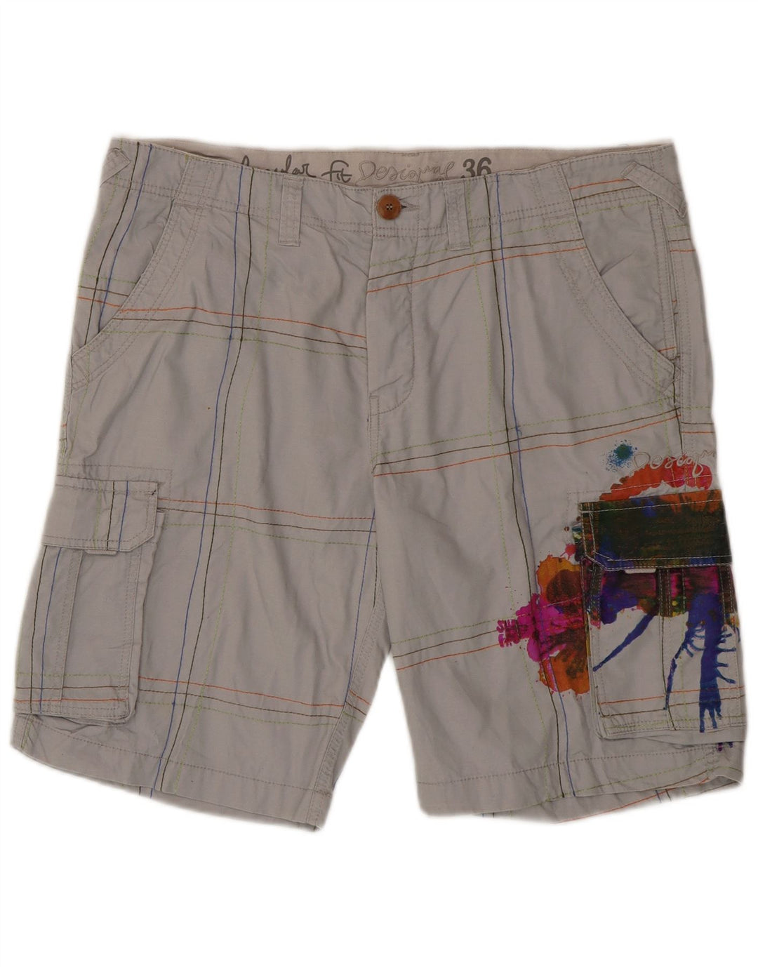 Desigual muške grafičke kargo kratke hlače W36 veliki sivi karirani pamuk