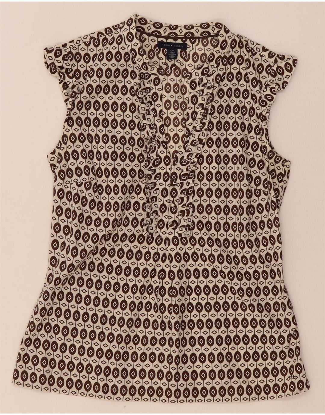 Tommy Hilfiger Ženska prednja bluza s volanima Top UK 10 Small Brown Geometric