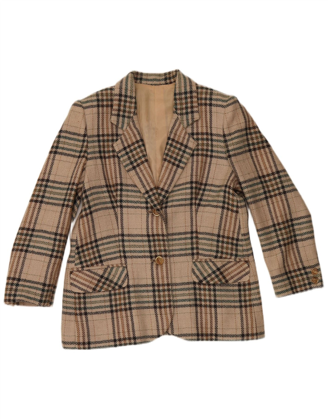 VINTAGE Womens 2 Button Blazer Jacket UK 16 Large Beige Check