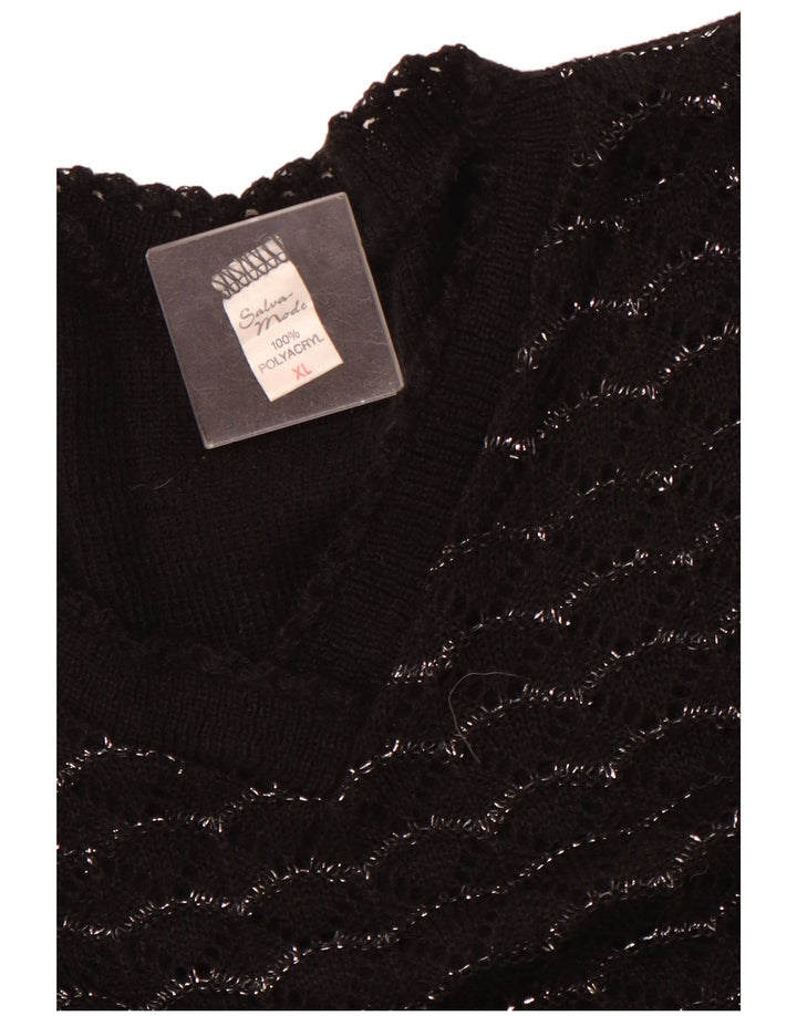 VINTAGE ženski džemper kratkih rukava s V-izrezom UK 18 XL crni na pruge