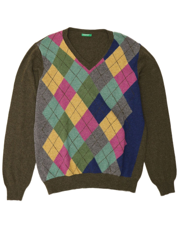 Benetton ženski džemper s V-izrezom UK 18 XL kaki argyle/dijamantna vuna