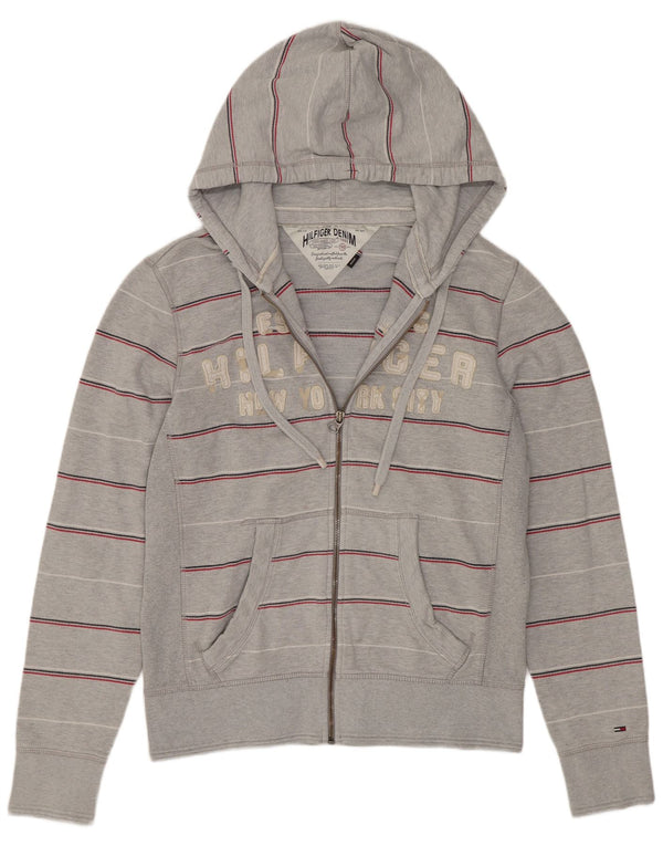 Tommy Hilfiger Womens Graphic Zip Hoodie Sweater UK 14 Medium Grey Striped