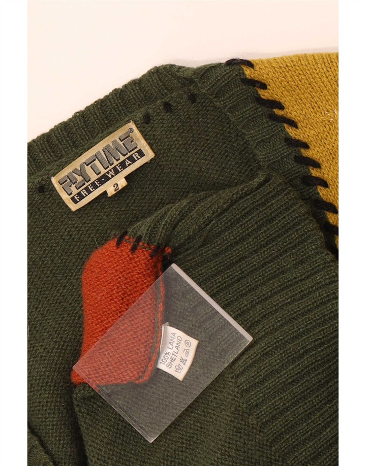 Vintage ženski grafički kardigan džemper UK 16 Velika zelena patchwork vuna