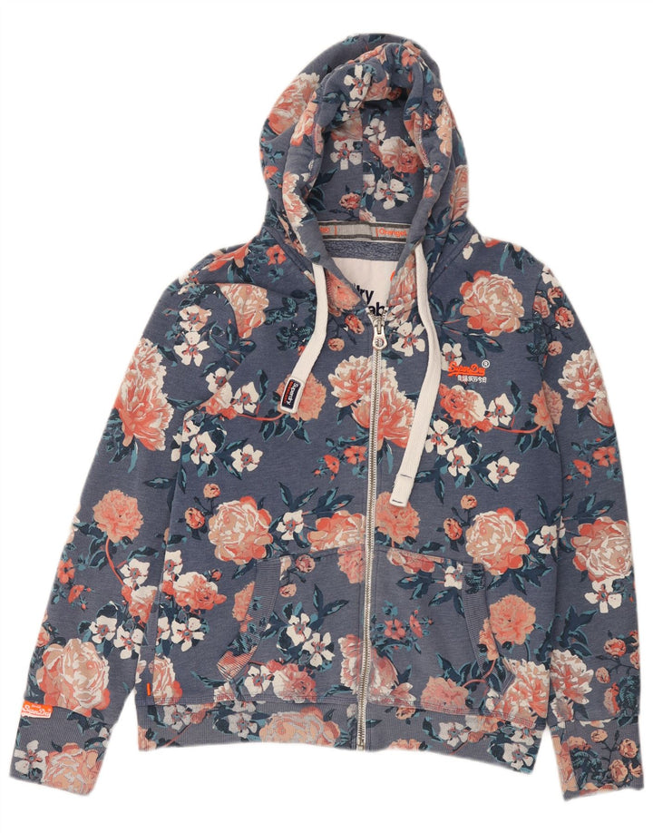 SUPERDRY ženski pulover s kapuljačom na patentni zatvarač UK 18 XL plavi cvjetni pamuk