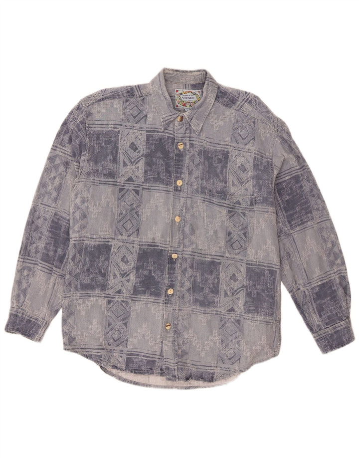 Vintage muška flanelska košulja, veliki plavi geometrijski pamuk