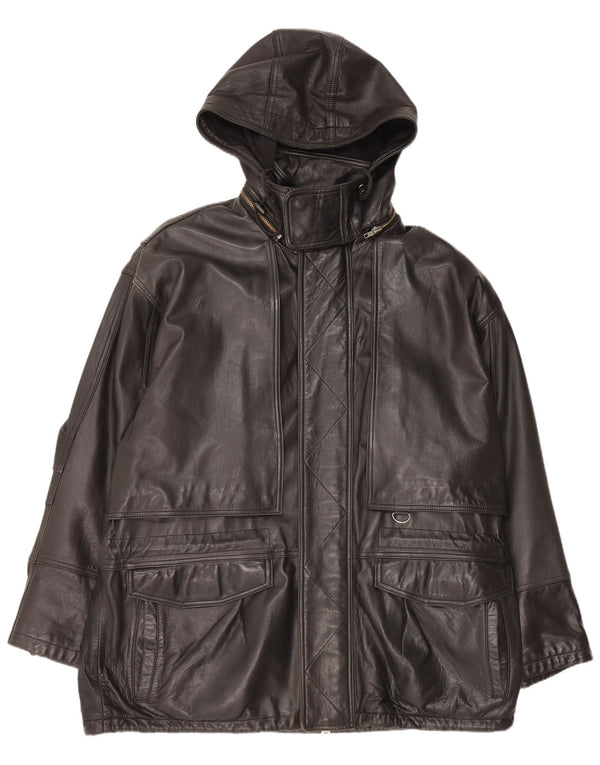Andrew Marc Mens Hooded Leather Coat UK 42 XL Black Leather