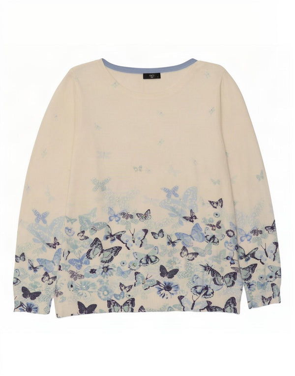 M&Co Womens Petite Boat Neck Jumper Sweater UK 16 Large White Butterfly